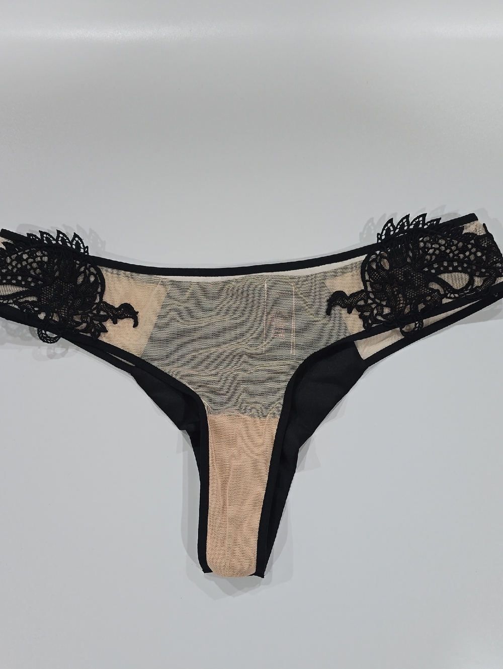 Sheer Nude & Black Lace Thong Panty New Never use Size Small